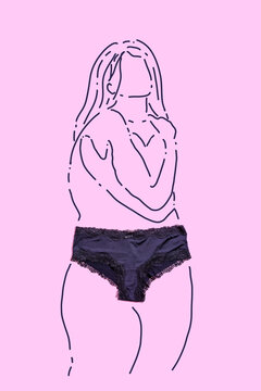 Drawing of woman wearing black underwear and hugging self over pink background