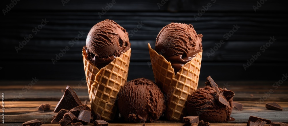 Poster double chocolate ice creams with black waffle cones displayed on a wooden surface with space for tex