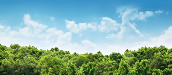 Obraz premium Lush green forest trees with branches, set against a clear sky background, providing fresh oxygen, in a copy space image.