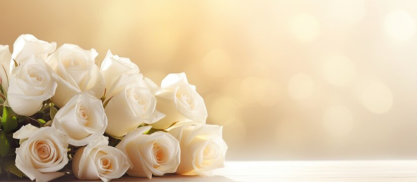 A beautiful bouquet of white roses illuminated by the morning sun in a copy space image.