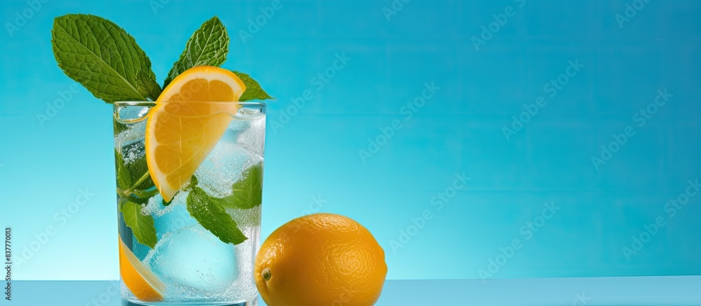 Poster close-up of a glass with soda water and citrus, garnished with orange and basil on a blue background