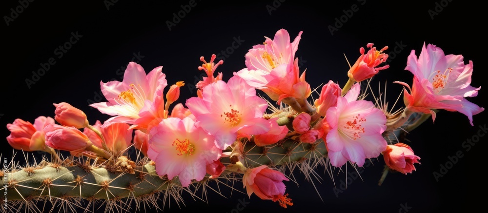 Poster golden rat-tailed cactus displaying pink flowers in a vibrant copy space image.