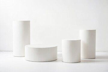 Three White Cylindrical Pedestals on White Background