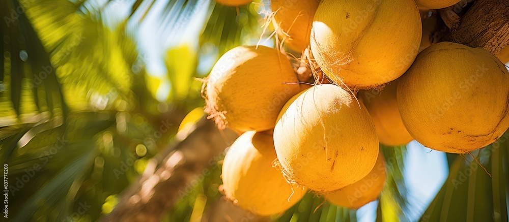 Poster Close-up of a cluster of ripe yellow coconuts on a tree with ample copy space image.