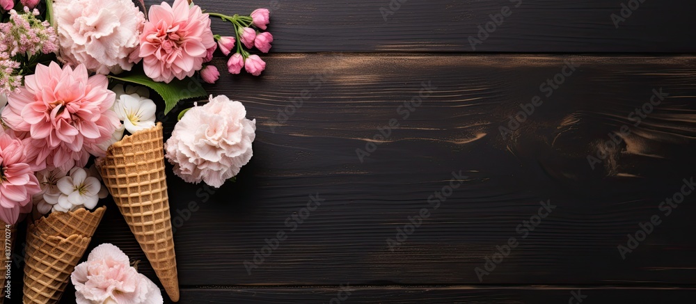 Poster Rustic flower flat lay with a waffle cone chalkboard displaying flowers on a wooden backdrop, creating a charming scene with copy space image.