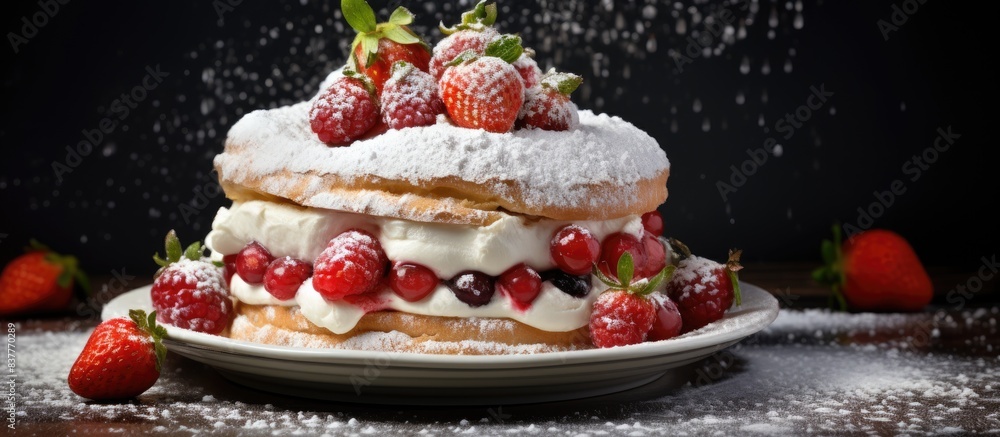 Poster homemade cakes topped with cherries and strawberries on wafer rolls with cream, sprinkled with powde
