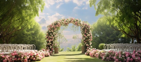 Beautiful wedding ceremony with flowers set against a scenic garden backdrop, accompanied by a lovely outdoor copy space image.