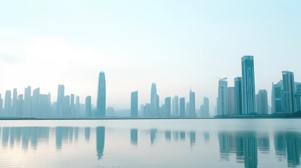 Obraz premium Misty Modern City Skyline Reflection
