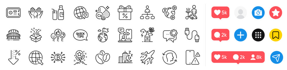 Plane, Milk and Charging cable line icons pack. Social media icons. Management, World brand, Sports stadium web icon. Gift, Phone warning, Loyalty points pictogram. Vector