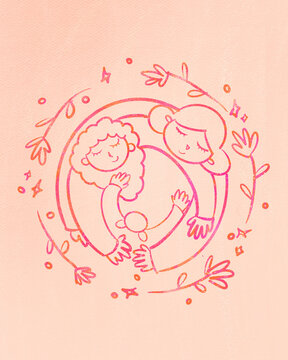 Mothers hugging together with flowers against pink background