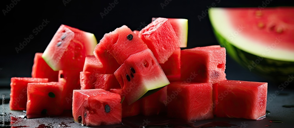 Poster juicy watermelon slices and cubes displayed with copy space image, perfect for snacking.