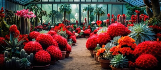 Numerous types of cacti with vibrant red blooms can be seen in the greenhouse, creating a colorful display in the copy space image. - Powered by Adobe