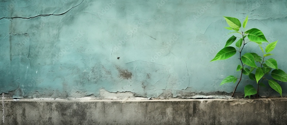 Poster old grunge wall texture with a green leaf and ample copy space image.