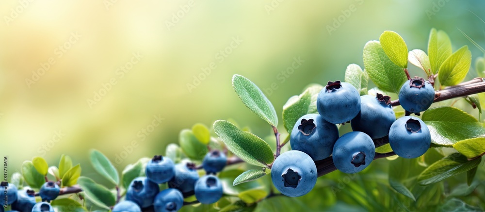 Poster blueberries growing on a bush at the farm with a copy space image.