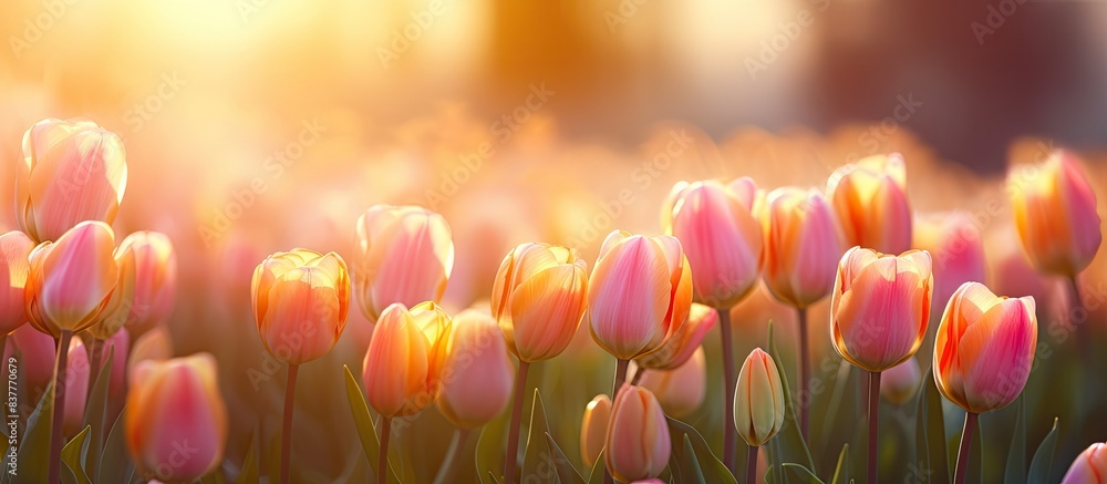 Poster vibrant tulips blooming in a garden at sunset with a blurred bokeh background, creating a soft and p