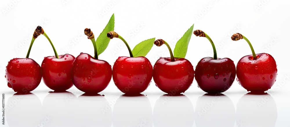 Poster Red cherries displayed with copy space image on a white backdrop.