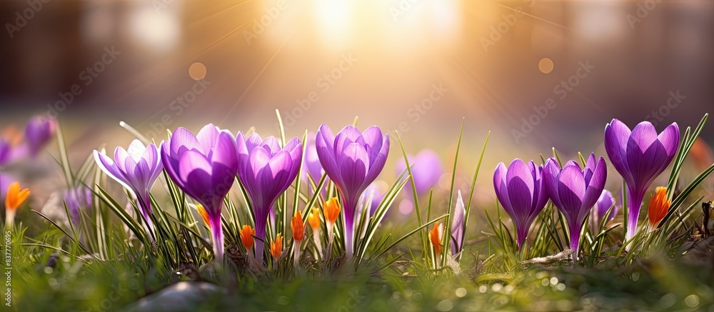 Aufkleber close-up of beautiful purple crocuses blooming in spring with grass in the background, perfect as a 