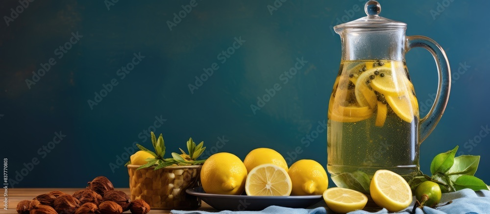 Aufkleber On the table, there is a refreshing pitcher of infused water with dates and lemons, creating a vibrant and energizing copy space image.