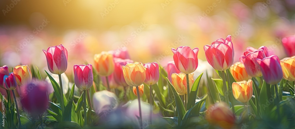 Poster tulip flowers in full bloom in a spring garden, illuminated by sunlight. background is blurred with 