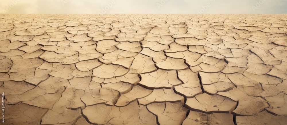 Poster cracks have appeared on the parched earth, displaying intricate patterns against the backdrop of a b