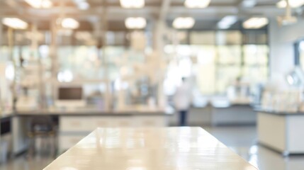 Empty lab bench with blurred scientists background. Clean white lab bench with blurred scientists working in the background, ideal for scientific or medical product placement.