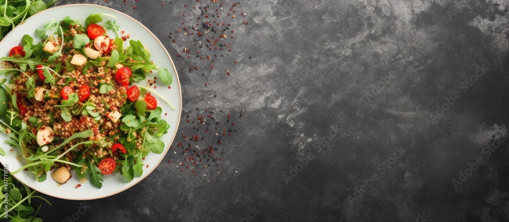 Aufkleber top view of an asian salad featuring quinoa and arugula with copy space image.