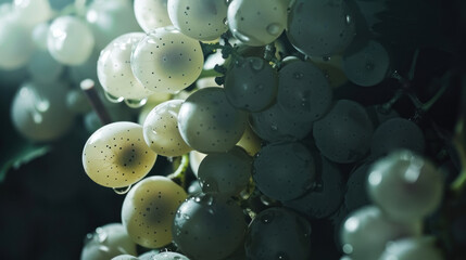 Ethereal Backlit Grape Cluster Close-Up., Harvest time, a stage in the wine-making process, les vendanges, grape harvesting, a seasonal job.