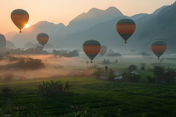 Fototapeta premium Scenic Hot Air Balloon Sunrise in Misty Mountain Valley - Perfect for Travel Posters or Adventure Designs