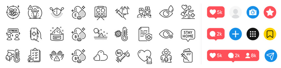 Doctor, Vaccine announcement and Patient line icons pack. Social media icons. Stay home, Care, Checklist web icon. Stress, Volunteer, Vitamin b6 pictogram. Vector