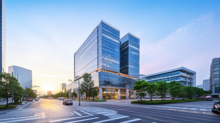 Sleek Modern Office Building at Sunrise