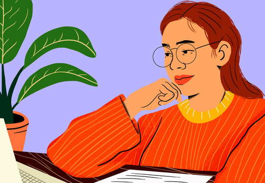 Thoughtful woman sitting with hand on chin using laptop against purple background