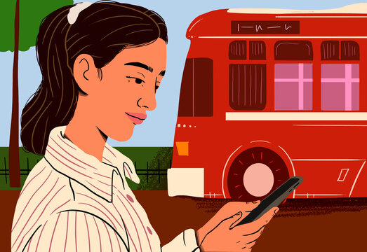Businesswoman using smart phone and waiting for bus at street