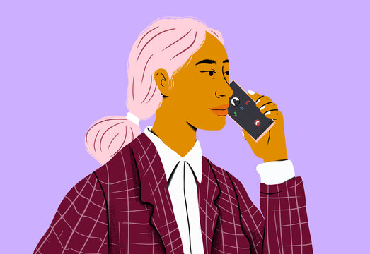 Businesswoman talking through smart phone against purple background