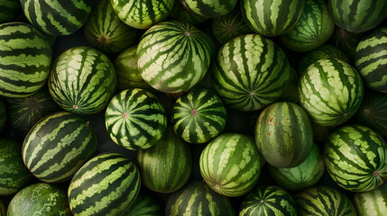 wall of different green shades of watermelon in a top view.Fresh produce display, Summertime food exhibit, Farm stand decoration grocery store  or eco market display