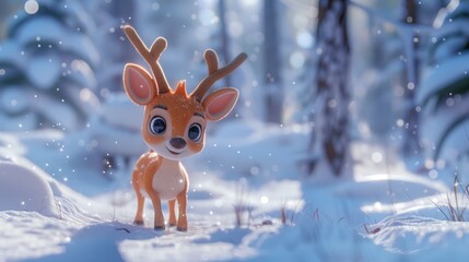 Cute little reindeer Rudolph in a snow-covered forest. Render of a Christmas character.