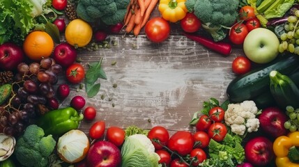 Basket of fresh summer fruits and vegetables close-up, concept of healthy living, organic green produce, can be eaten raw, top view, selective focus