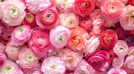 Fototapeta premium wall of different pink shades of ranunculus in a top view