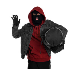 Emotional thief in balaclava with bag on white background