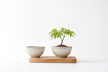 Small green plant in a white pot on a wooden board