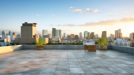 Obraz premium Serene Rooftop with Urban Skyline at Sunset