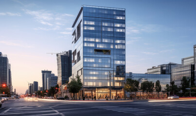 Modern City Office Building at Sunset