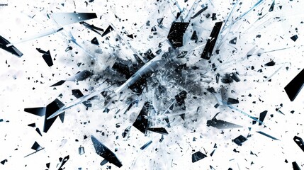 A shattered glass window with shards of glass scattered all over the floor