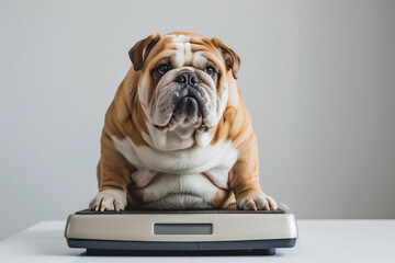 cute very fat bulldog sitting on top of an electric scale, chubby body . isolated on light grey background. Obesity, overweight, diet, pet care