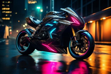 Sports motorcycle with neon lights illuminating its wheels. Electrified futuristic motorcycle.