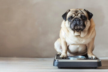 cute very fat pug sitting on top of an electric scale, chubby body . isolated on light grey background. Obesity, overweight, diet, pet care