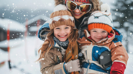 Happy mother and two children family at ski resort on winter time with snow mountain background