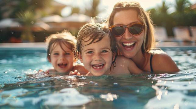 Happy mother and two children family at swimming pool during summer holidays travel