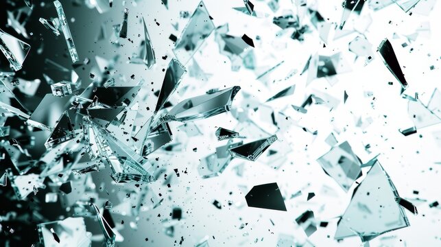 A shattered glass window with shards of glass scattered all over the floor
