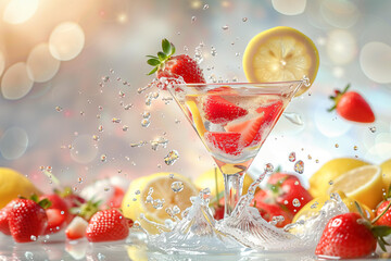 glass of lemon and strawberry martini with splashes