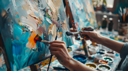 People expressing themselves doing art during an art therapy workshop, with paints, brushes, canvases. Therapeutic benefits of creativity and self-expression in mental health and emotional well-being